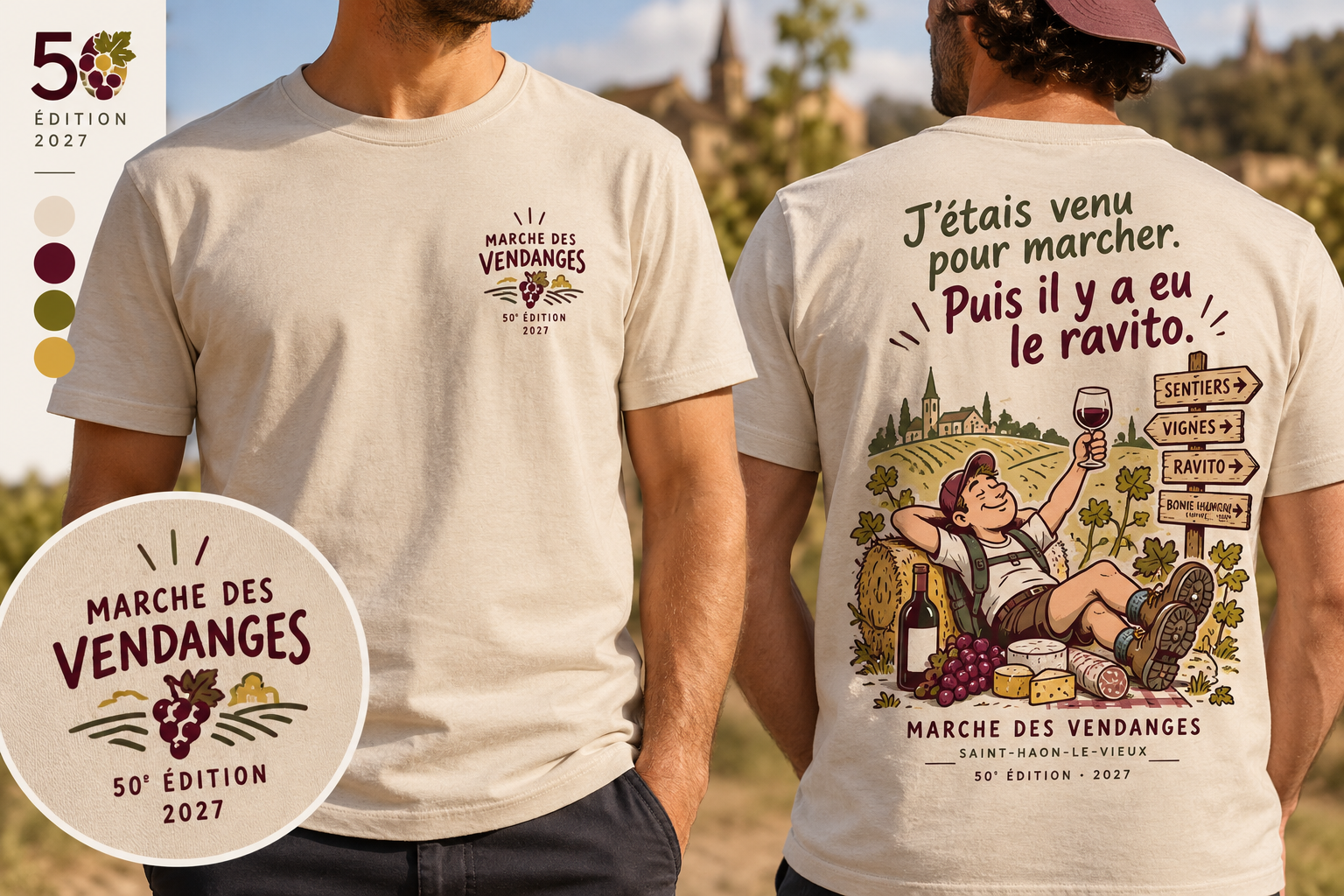 Proposition de t-shirt écru : petit motif vendanges à l’avant et illustration conviviale avec le slogan J’étais venu pour marcher. Puis il y a eu le ravito. au dos